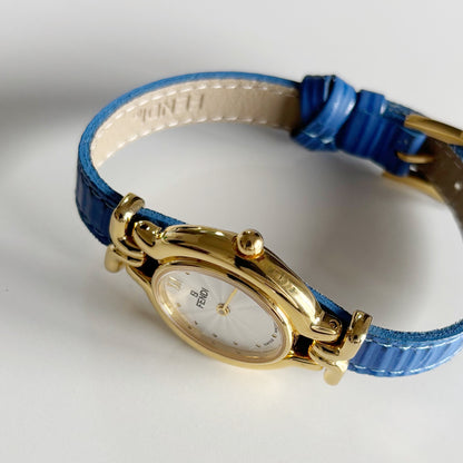 Fendi 1990s Interchangeable Strap Oval Dial Gold Plated Watch with 5 straps, case