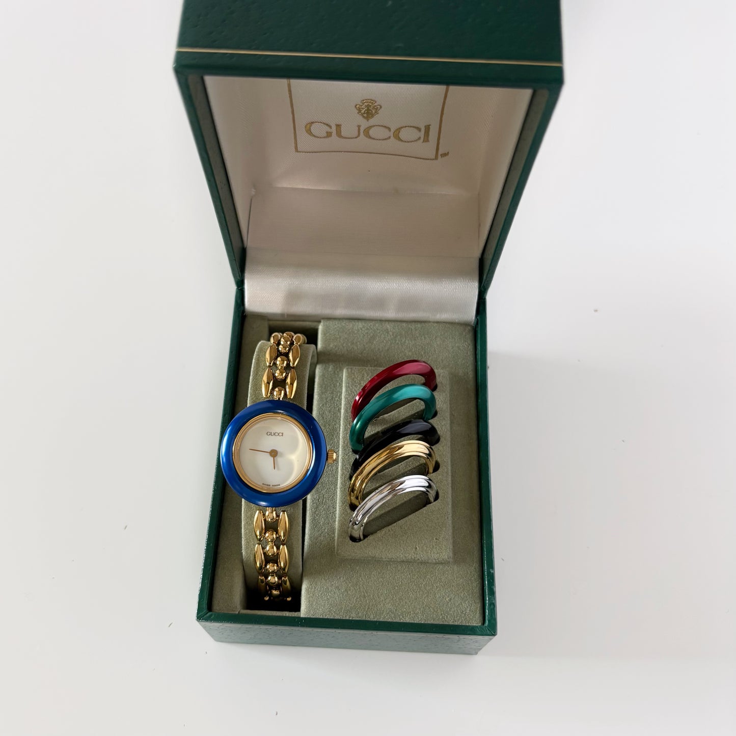 Gucci 1990s Interchangeable Bezel Gold Plated Rice Chain Watch with 6 bezels, case (165mm)