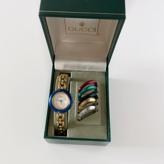 Gucci 1990s Interchangeable Bezel Gold Plated Rice Chain Watch with 6 bezels, case (165mm)