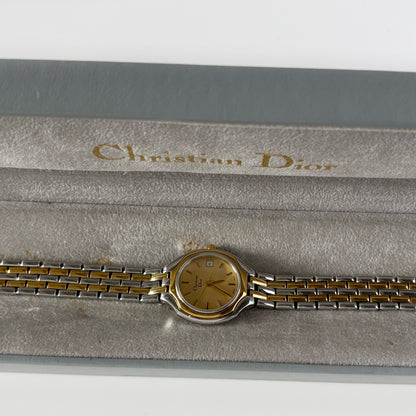 Dior 1990s Date Round Dial Two Tone Gold Plated Watch