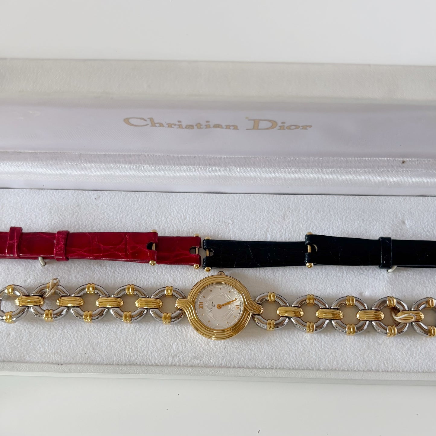 Dior 1990s Interchangeable Strap Round Dial Gold Plated Two Tone Watch with 3 straps, case