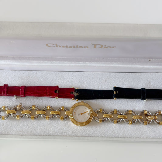 Dior 1990s Interchangeable Strap Round Dial Gold Plated Two Tone Watch with 3 straps, case