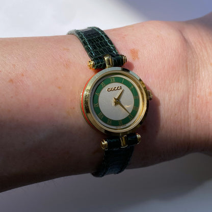 Gucci 1990s Round Green Leather Watch