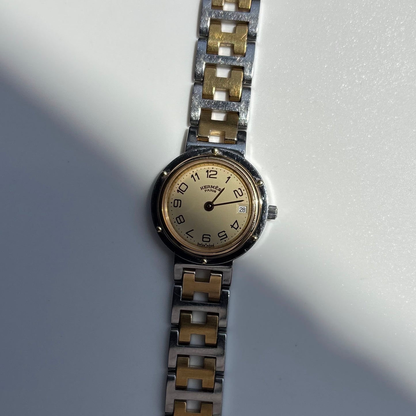 Hermes 1990s Cream Round Dial Gold Plated Two Tone Watch