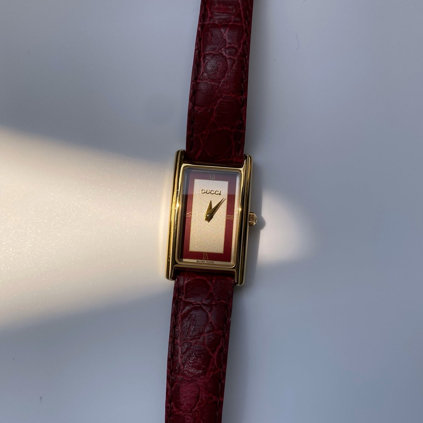 Gucci 1990s Gold Plated Rectangular Red Leather Watch