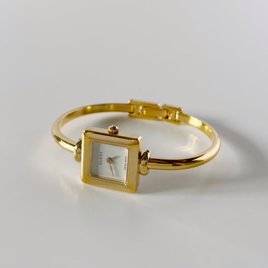 Gucci 1990s Square Dial Gold Plated Bangle Watch
