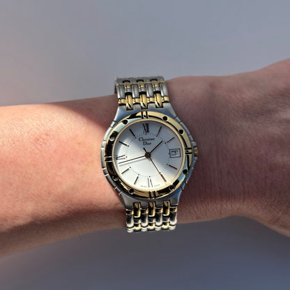 Dior 1990s Date Round Dial Gold Plated Two Tone Watch (Large)