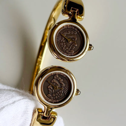 Fendi 1990s Seashell Dial Two Time Zone Gold Plated Bangle Watch