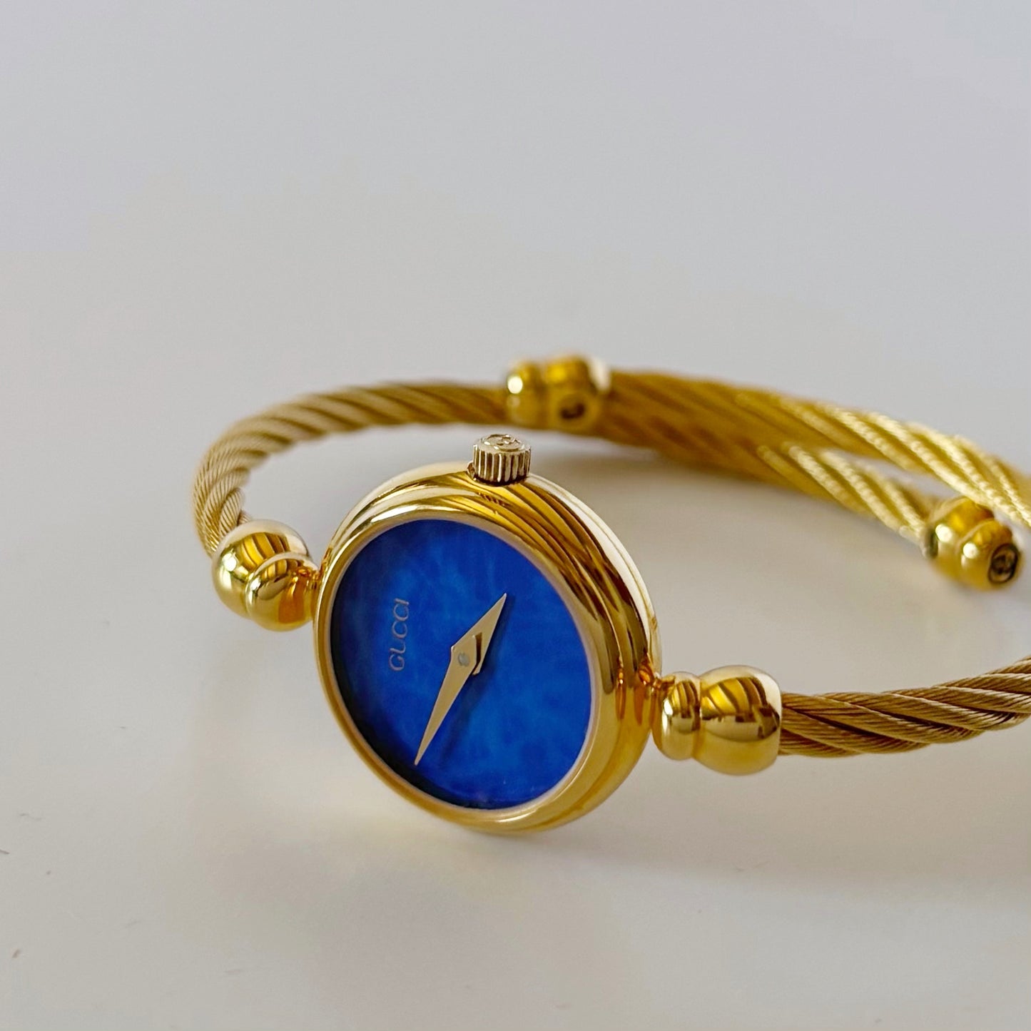 Gucci 1990s Blue Dial Gold Plated Cable Bangle Watch