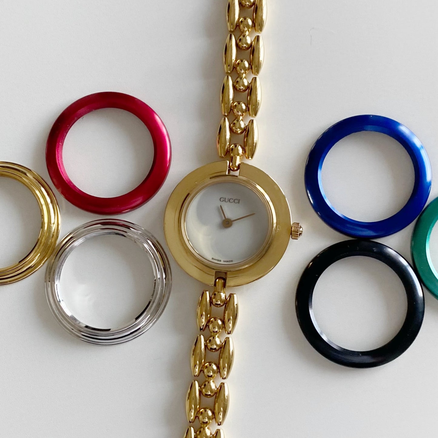 Gucci 1990s Interchangeable Bezel Gold Plated Watch with 6 bezels, case (178mm)