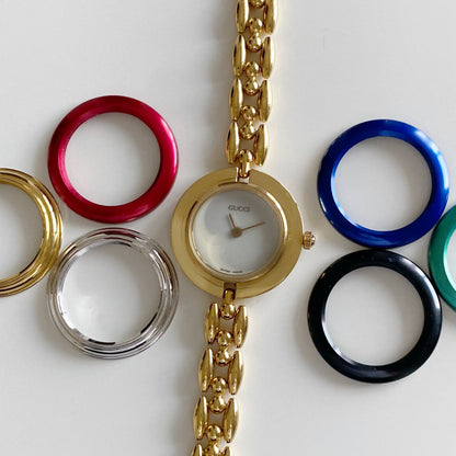 Gucci 1990s Interchangeable Bezel Gold Plated Watch with 6 bezels, case (178mm)