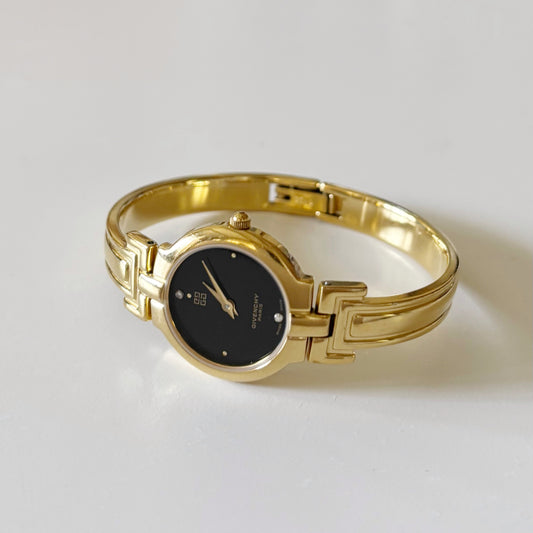 Givenchy 1990s Black Dial Gold Plated Bangle Watch