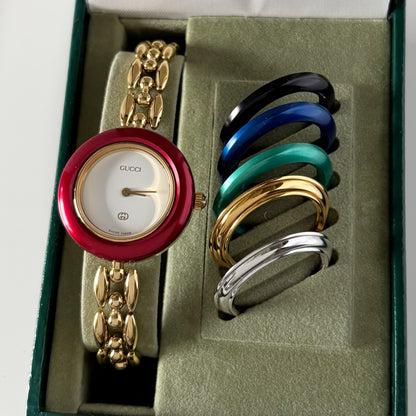 Gucci 1990s Interchangeable Bezel Gold Plated watch with 6 bezels, case (160cm)