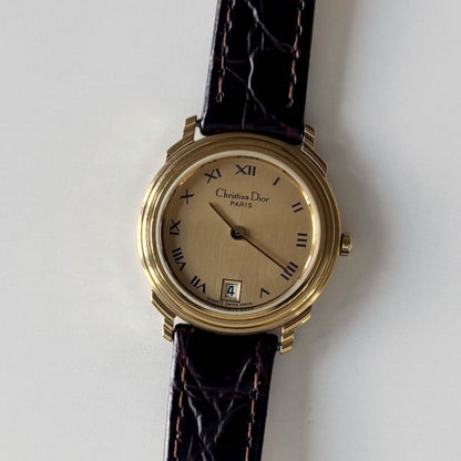 Dior 1990s Date Gold Round Dial Gold Plated Watch