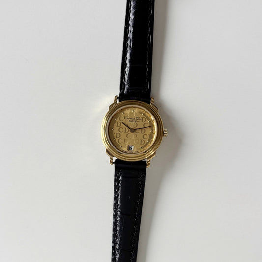 Dior 1990s Date CD Logo Round Dial Gold Plated Watch