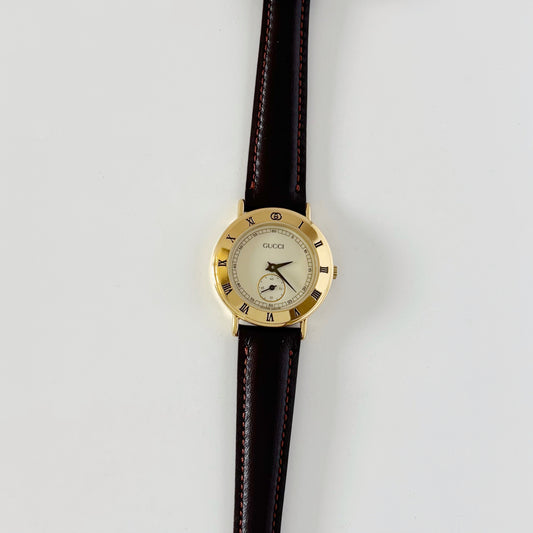 Gucci 1990s Sub Second Round Dial Gold Plated Watch