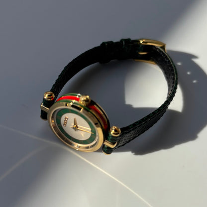 Gucci 1990s Green Sherry Round Dial Gold Plated Watch