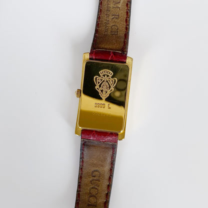 Gucci 1990s Gold Plated Rectangular Red Leather Watch