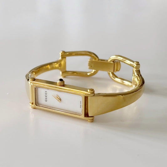 Gucci 1990s Seashell Dial Rectangular Gold Plated Bangle Watch (Small)