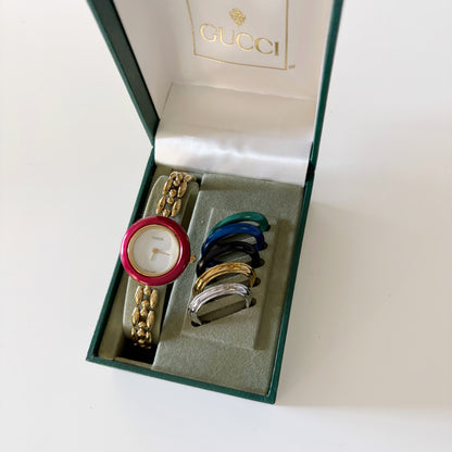 Gucci 1990s Interchangeable Bezel Gold Plated Watch with 6 bezels, case