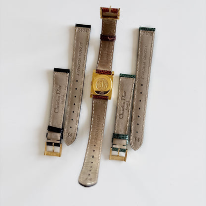 Dior 1990s La Parisienne Interchangeable Strap Gold Plated Watch with 3 straps, case