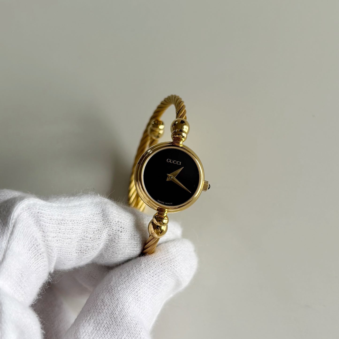 Gucci 1990s Black Dial Gold Plated Cable Band Bangle Watch