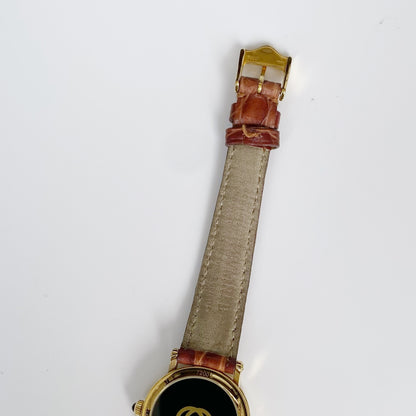 Gucci 1990s Date Gold Plated Round Leather Strap Watch