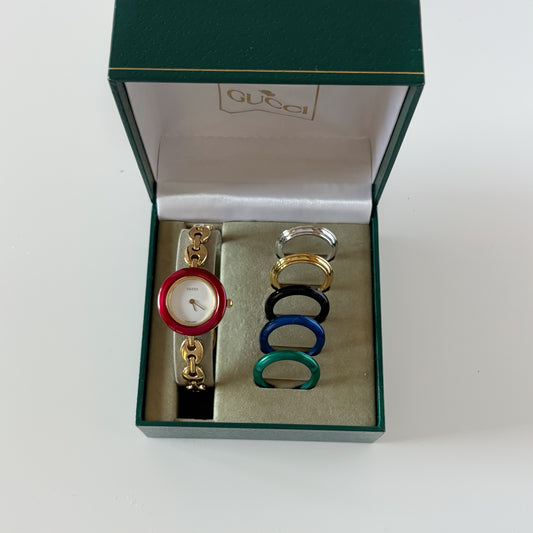 Gucci 1990s Interchangeable Bezel Gold Plated Chain Watch with 6 bezels, case (165mm) (8/30)