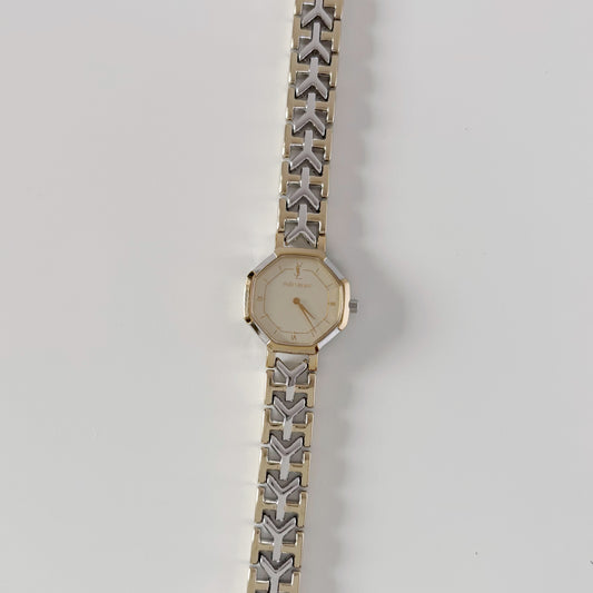 Yves Saint Laurent 1990s Octagon Gold Plated Two Tone Watch
