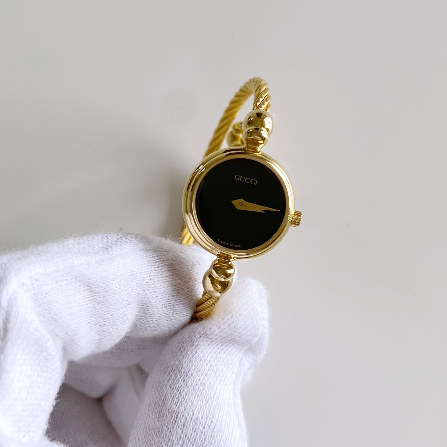 Gucci 1990s Black Dial Gold Plated Cable Bangle Watch