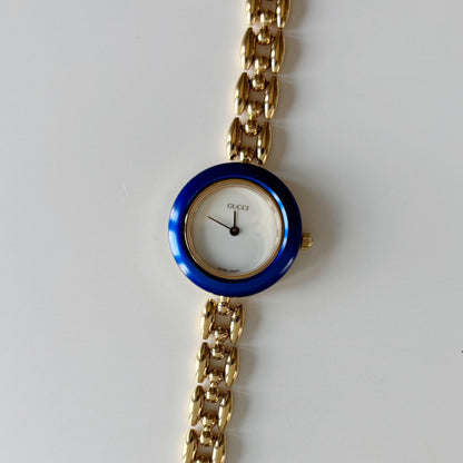 Gucci 1990s Interchangeable Bezel Gold Plated Rice Chain Watch with 6 bezels, case (165mm)