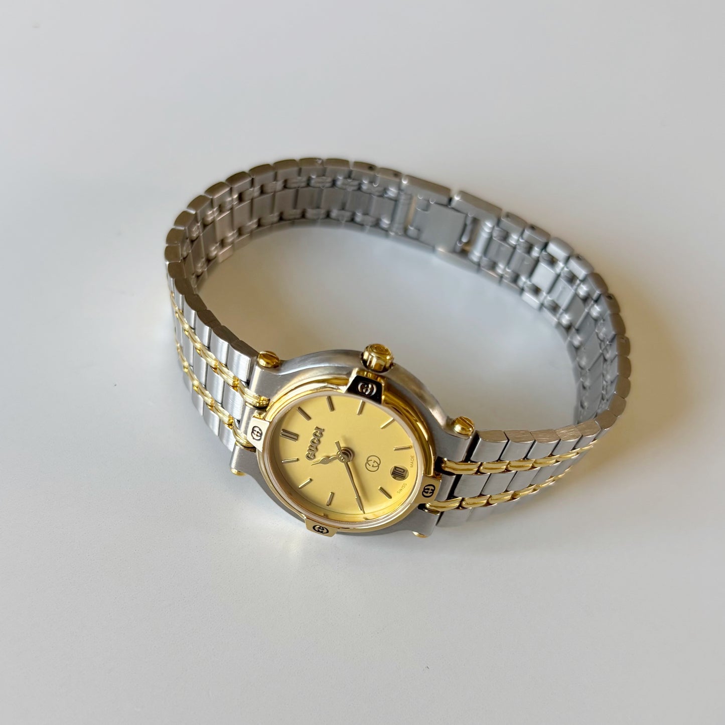 Gucci 1990s Date Round Dial Two Tone Gold Plated Watch