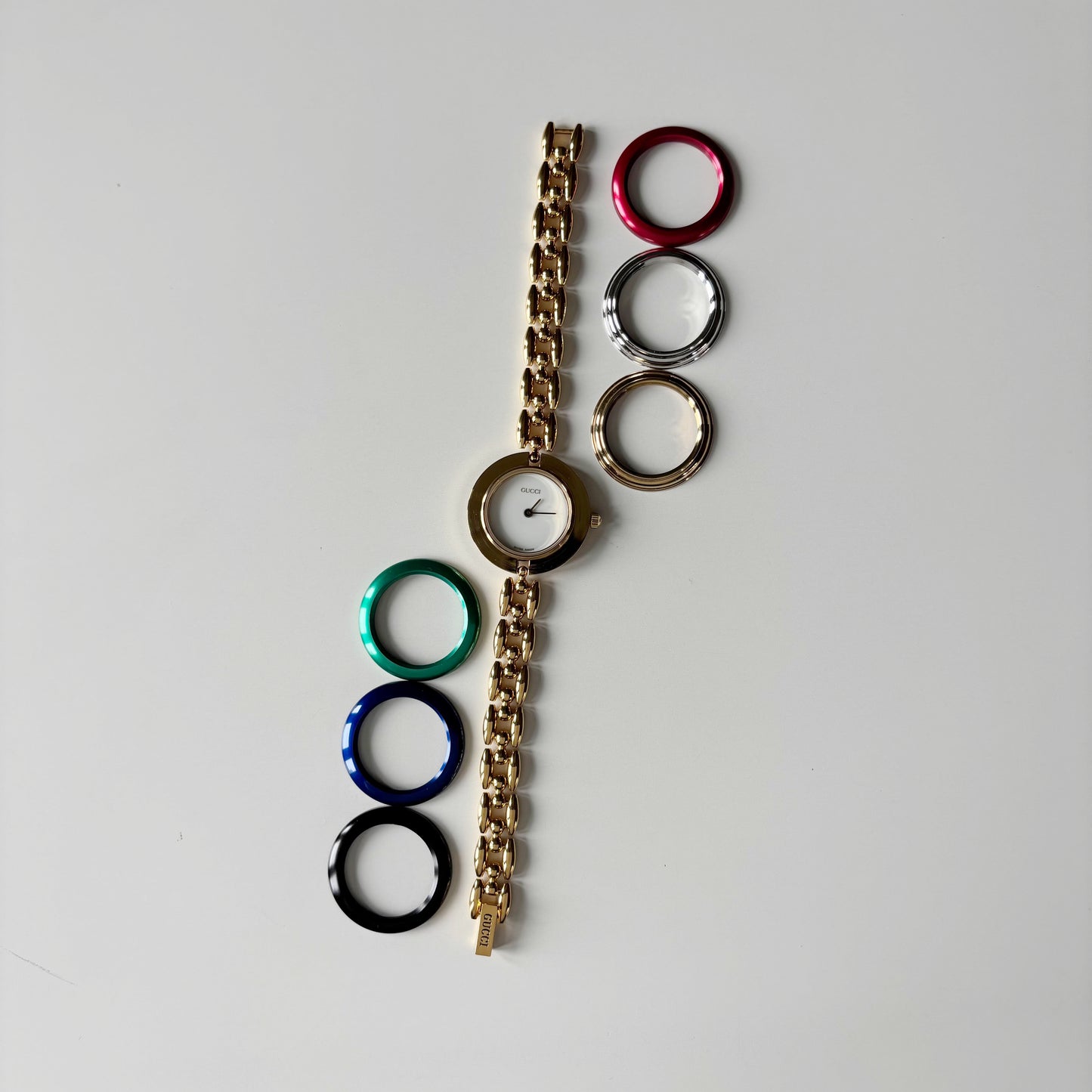 Gucci 1990s Interchangeable Bezel Gold Plated Rice Chain Watch with 6 bezels, case (160mm)