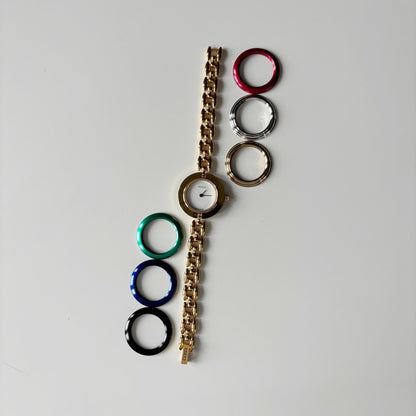 Gucci 1990s Interchangeable Bezel Gold Plated Rice Chain Watch with 6 bezels, case (160mm)