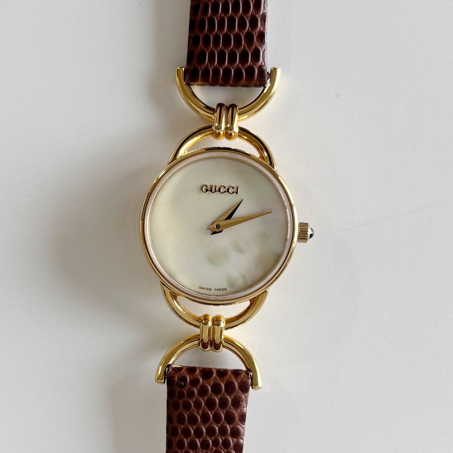 Gucci 1990s Seashell Dial Gold Plated Horsebit Watch