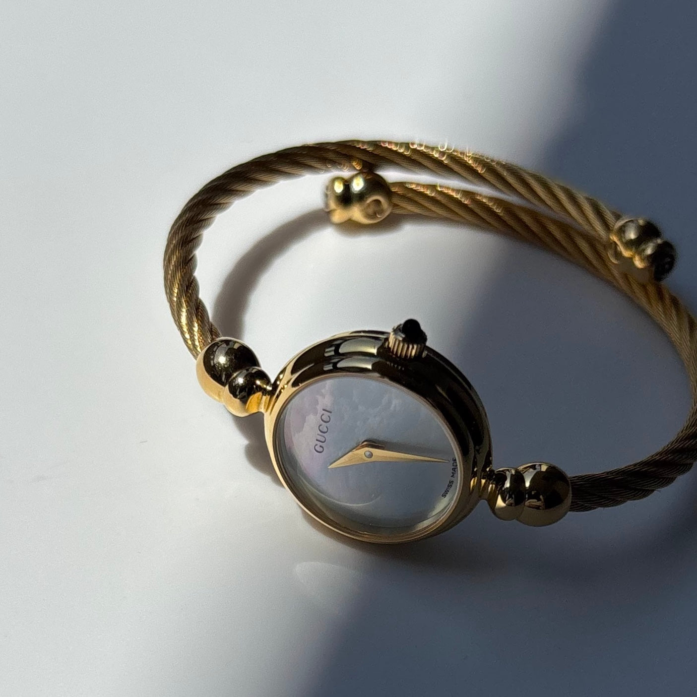 Gucci 1990s Seashell Dial Gold Plated Cable Bangle Watch