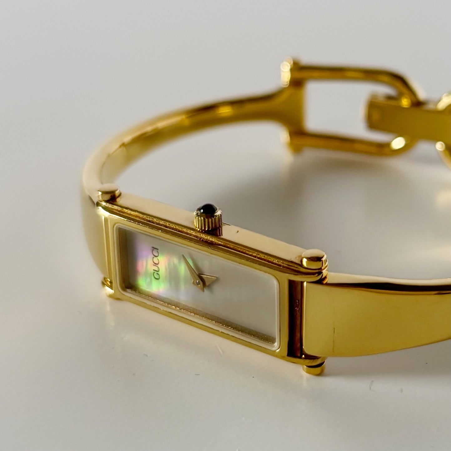 Gucci 1990s Seashell Dial Rectangular Gold Plated Bangle Watch