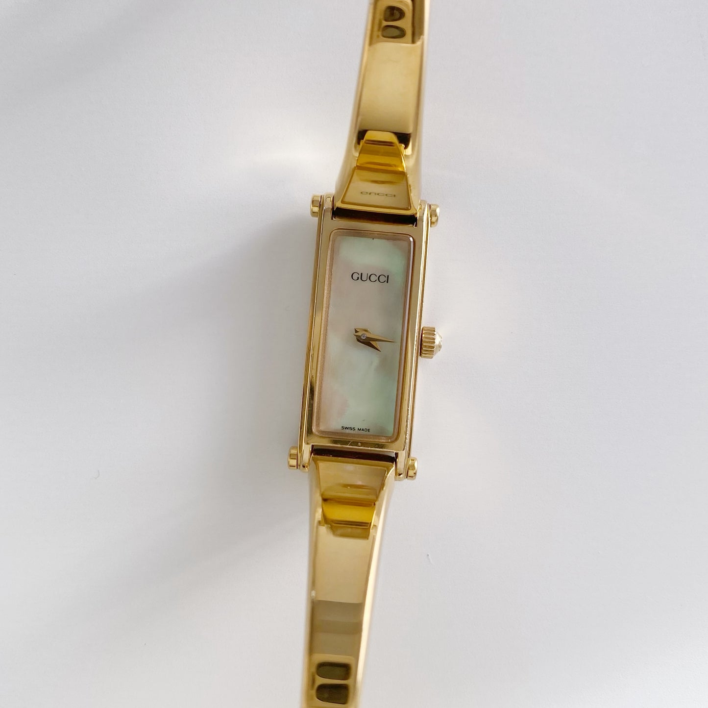 Gucci 1990s Seashell Dial Rectangular Gold Plated  Bangle Watch