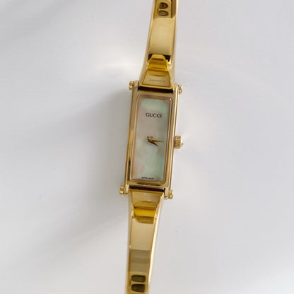 Gucci 1990s Seashell Dial Rectangular Gold Plated  Bangle Watch