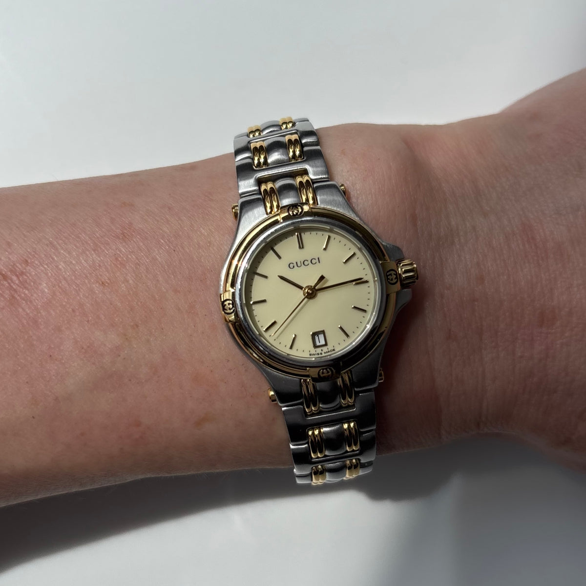 Gucci 1990s Date Round Dial Two Tone Gold Plated Watch