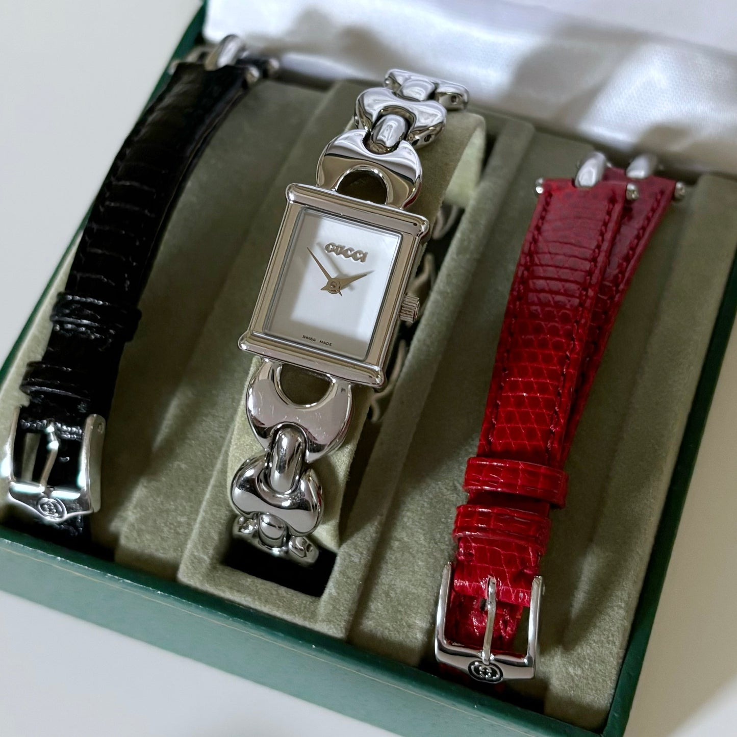 Gucci 1990s Interchangeable Belt Watch with 3 belts, case