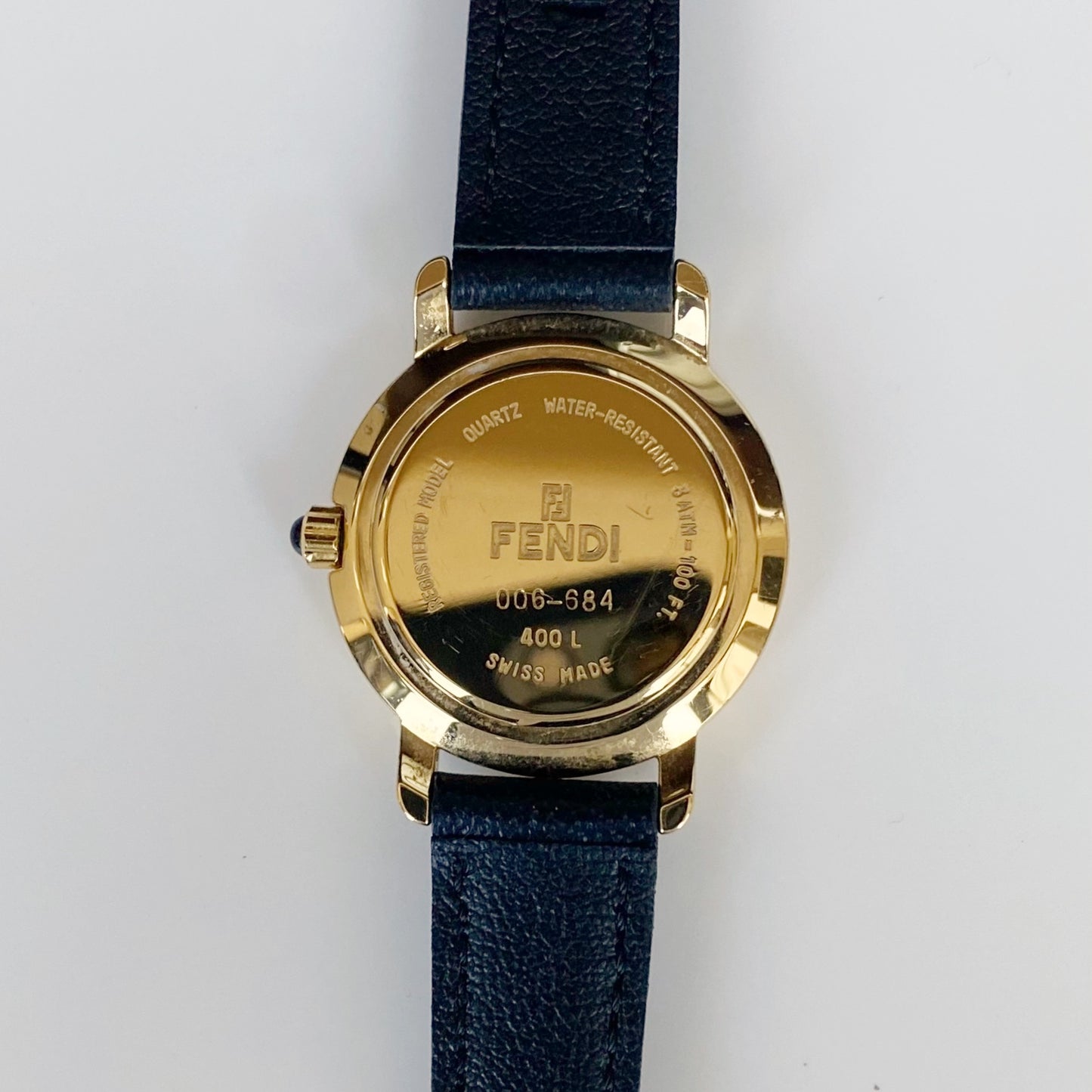 Fendi 1990s Black Dial Gold Plated Round Leather Strap Watch