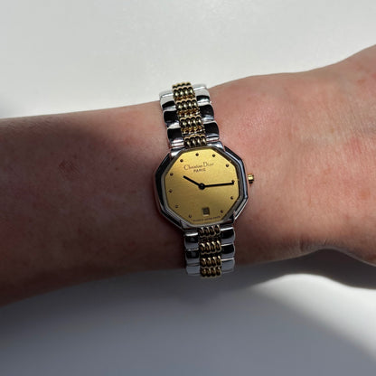 Dior 1990s Octagon Dial Two Tone Gold Plated Watch