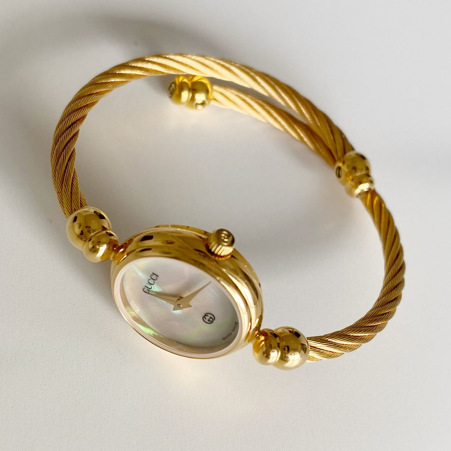 Gucci 1990s Seashell Dial Gold Plated Cable Bangle Watch