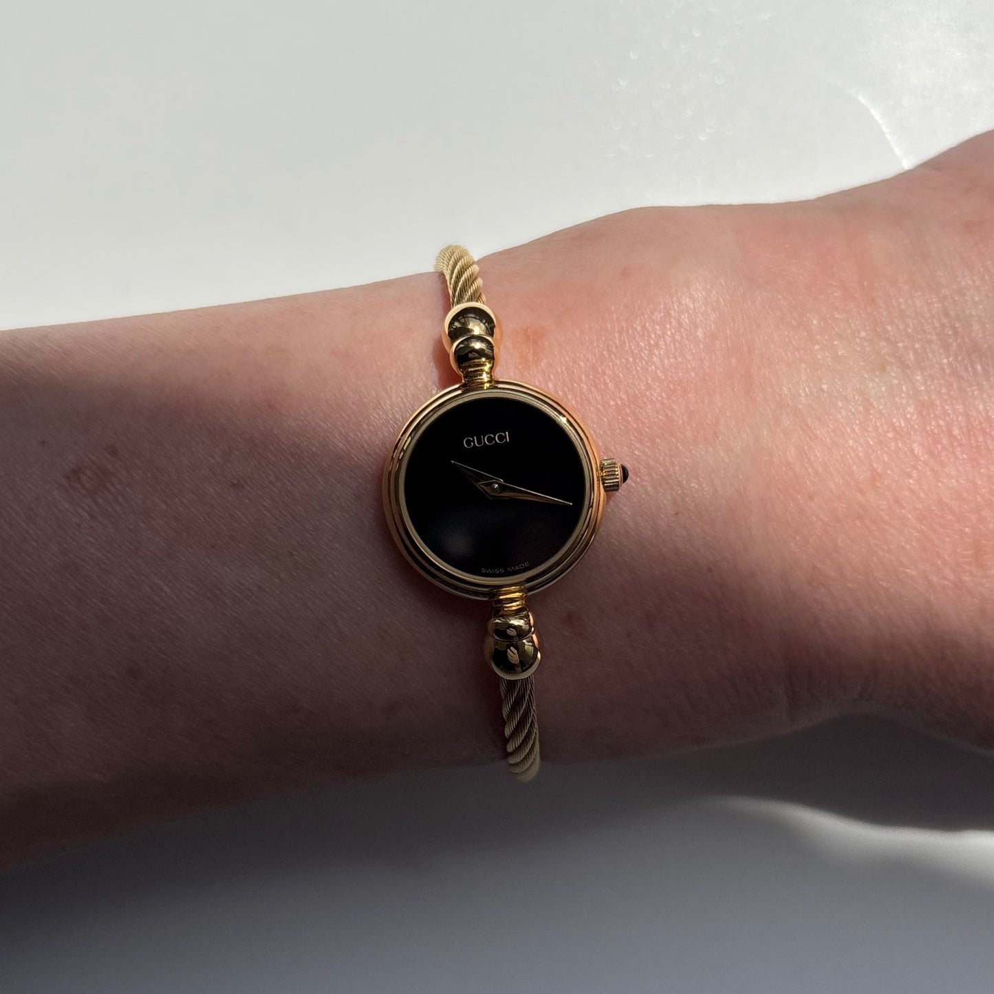 Gucci 1990s Black Dial Gold Plated Cable Bangle Watch