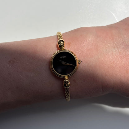 Gucci 1990s Black Dial Gold Plated Cable Bangle Watch