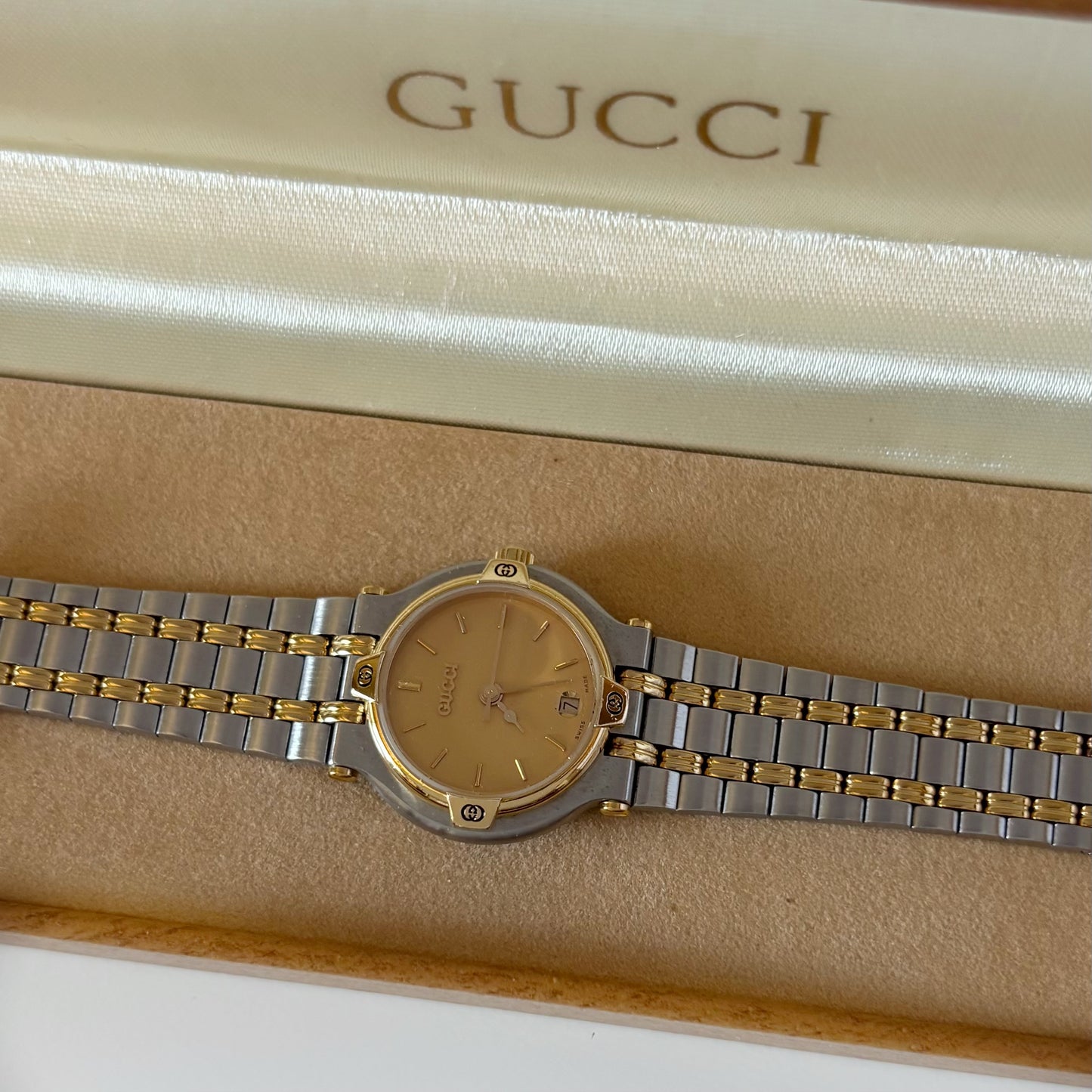 Gucci 1990s Round Dial Two Tone Gold Plated Watch