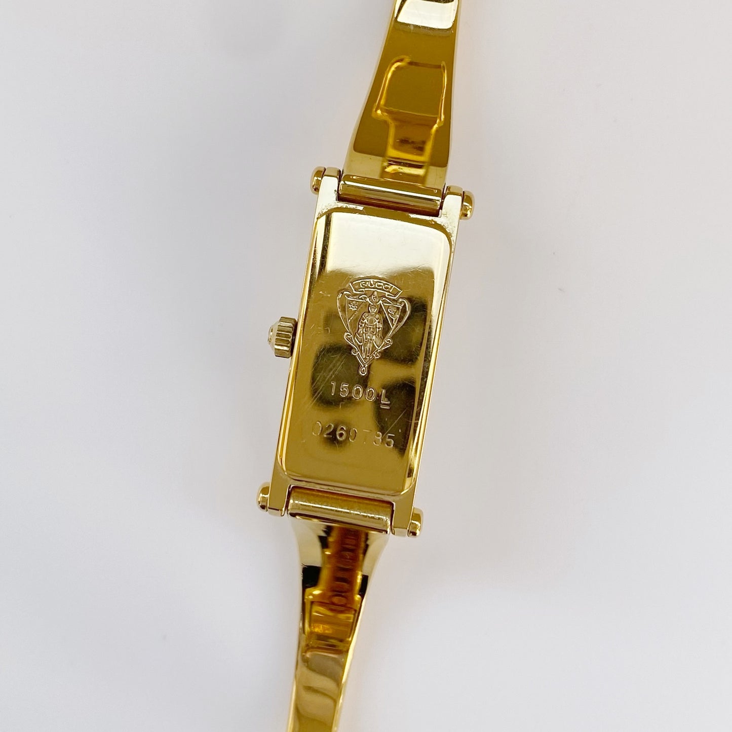 Gucci 1990s Rectangular Seashell Dial Gold Plated Bangle Watch