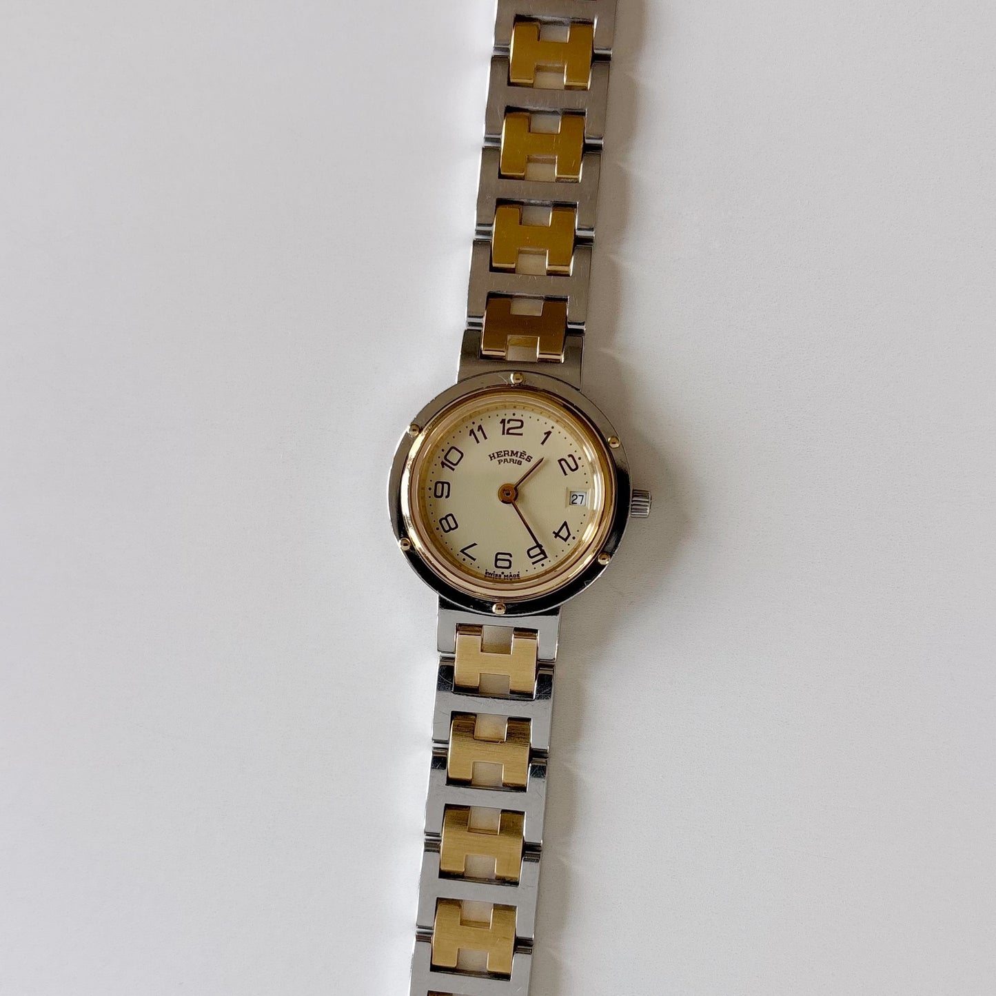 Hermes 1990s Cream Round Dial Gold Plated Two Tone Watch