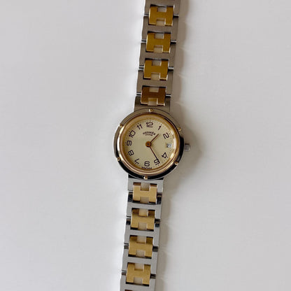 Hermes 1990s Cream Round Dial Gold Plated Two Tone Watch